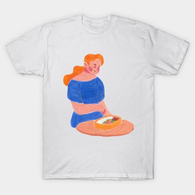 Woman eats lunch from a lunch box T-Shirt by TigrArt